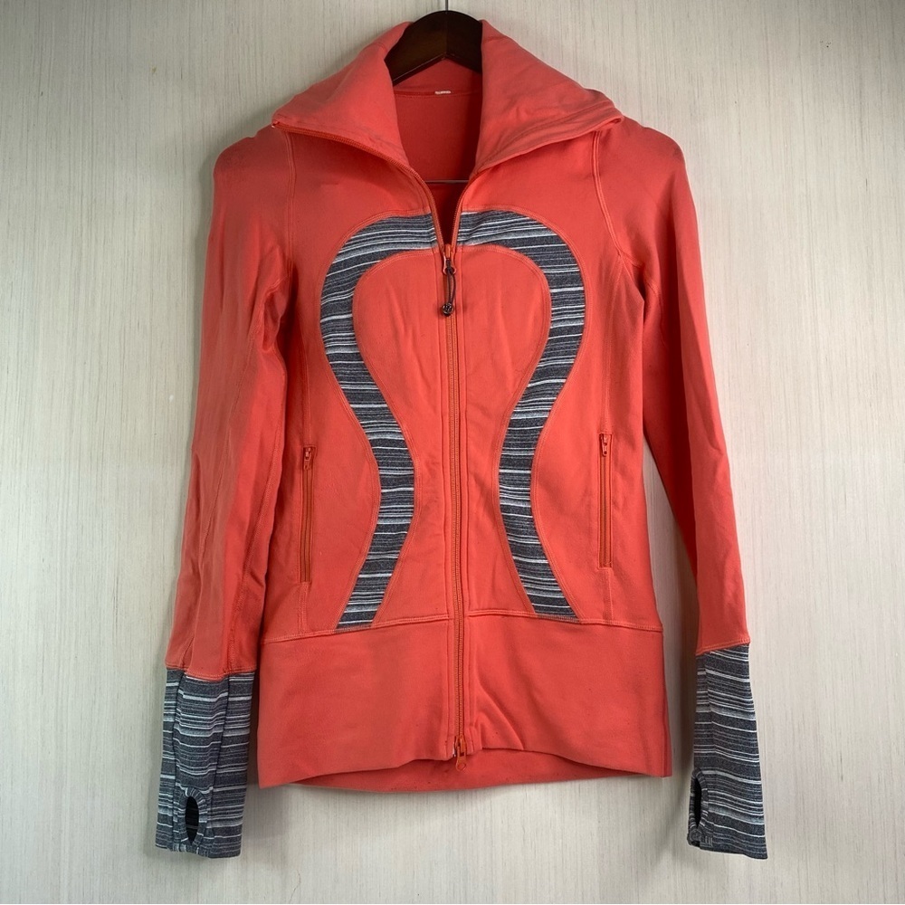 Lululemon Women's In Stride Full Zip Jacket Coral Coal Strata Stripes Size 2